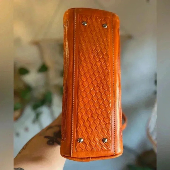 Handcrafted Tooled Leather Bag - 10x9 Orange Crossbody Purse Made in Mexico - Picture 8 of 12